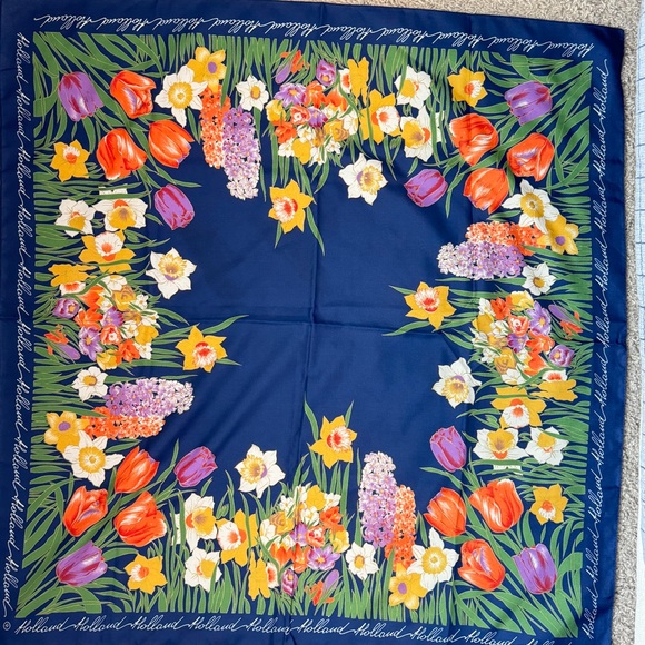 Vintage Kemtrade Holland Floral Tulip Silk Scarf Shawl Hand Rolled Neckerchief - Picture 2 of 5